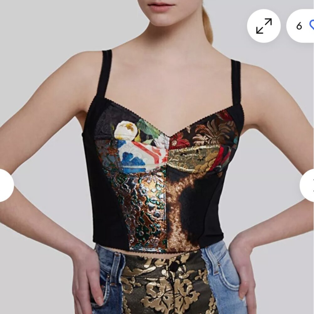 DOLCE & GABBANA Black Floral Patchwork Sweetheart Cropped Top Corset - Picture 2 of 5